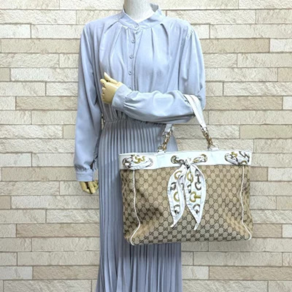Gucci Shoulder Beige Canvas Tote Bag GG Brown